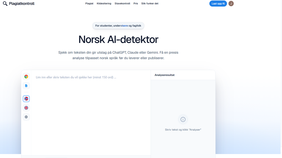 Skjermbilde av Plagiatkontrolls norske AI-detektor med innliming av tekst og analyseresultat